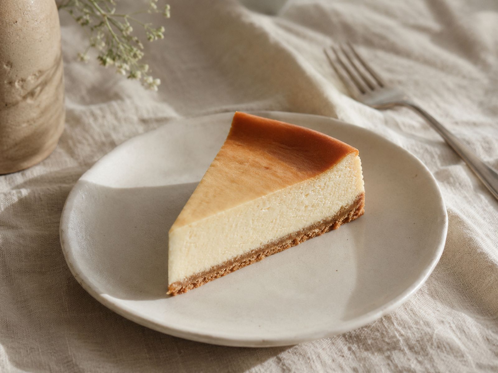 Stück Käsekuchen auf hellem Teller, dezent fotografiert