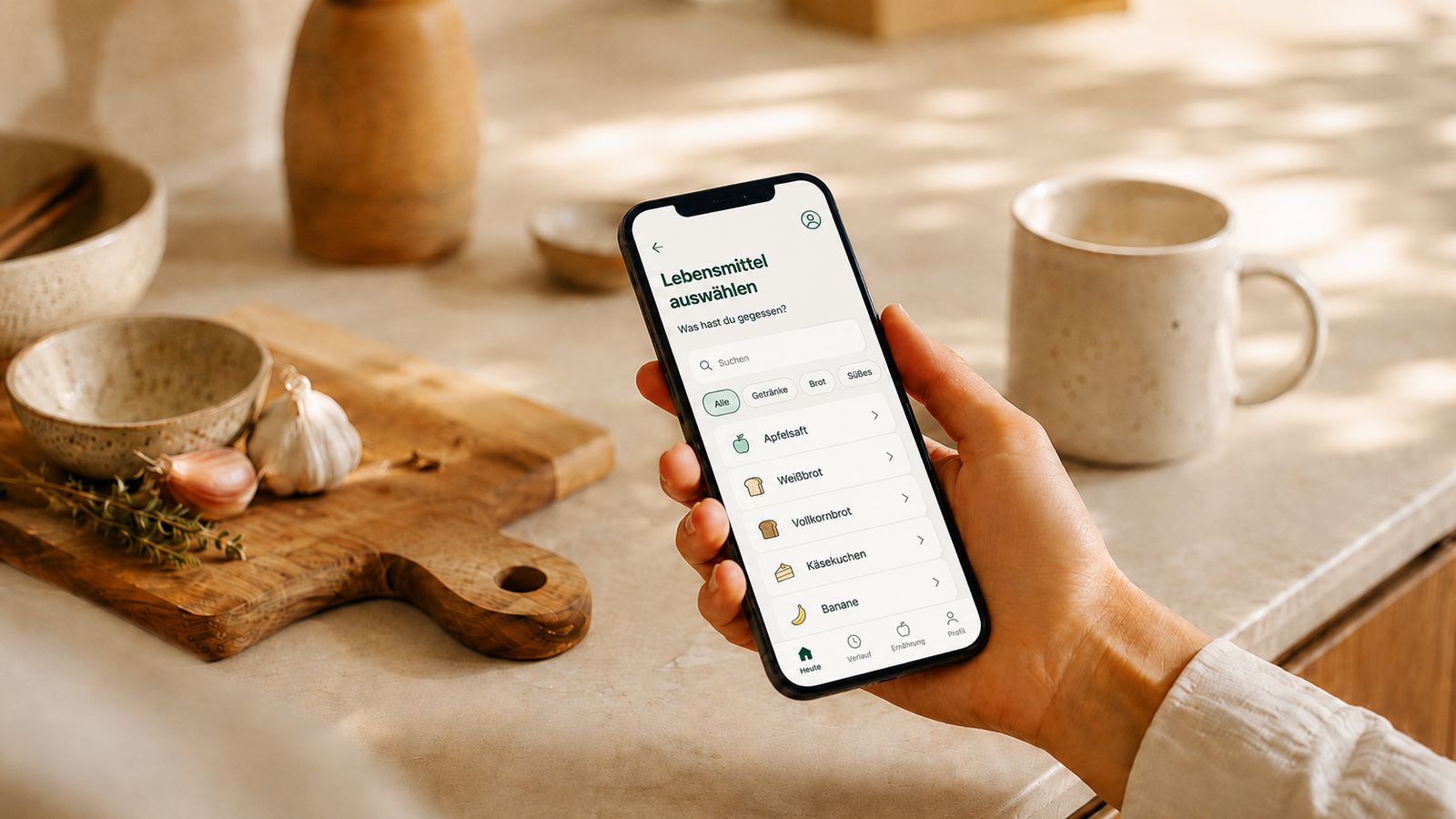 Hand am Smartphone in der Küche, neben einem Holzbrett mit Lebensmitteln